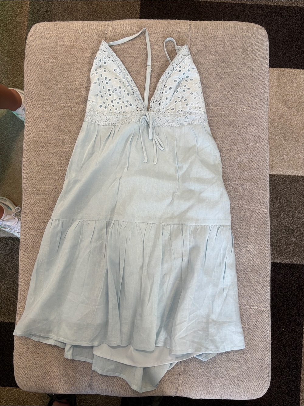 Princess Polly Light Blue Mini Dress US 4 Eyelet Lace Tie Front Tiered Sundress